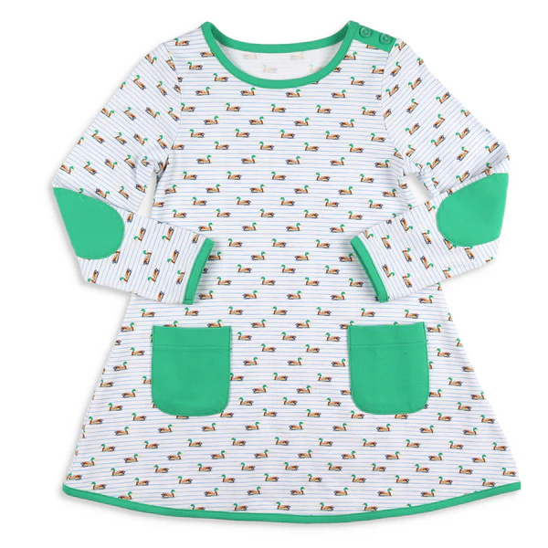 Pre-order Baby Girl Ducks Green Pocket Stripes Dress