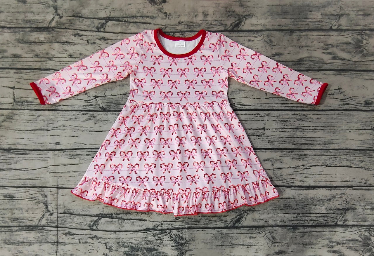 Baby Girl Long Sleeves Pink Bows Candy Cane Dress