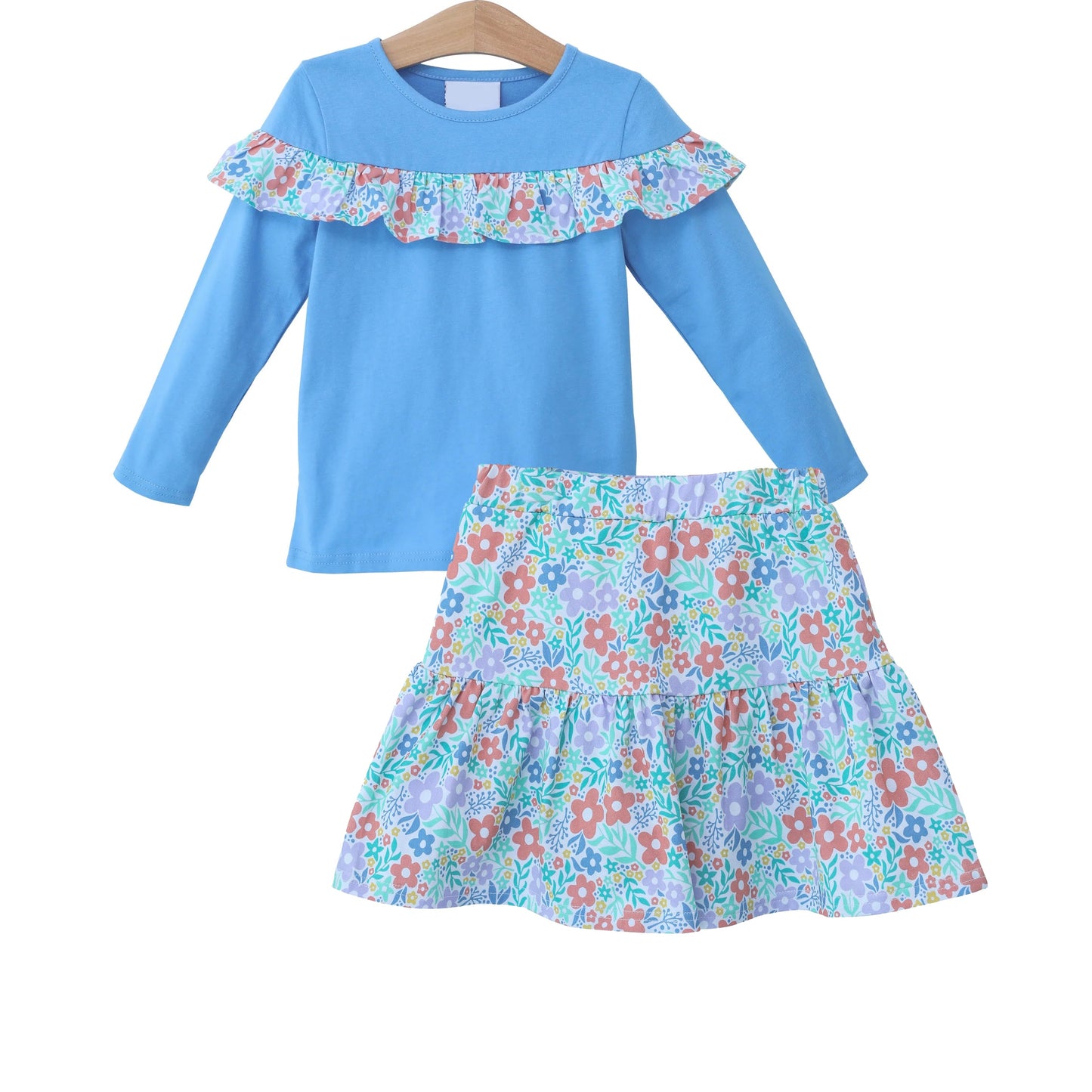 Pre-order Baby Girl Blue Ruffle Shirt Flower Skirt Set