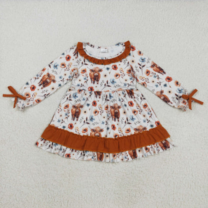 Sibling Baby Girls Long Sleeves Cow Flower Western Ruffle Zipper Romper Dress RTS