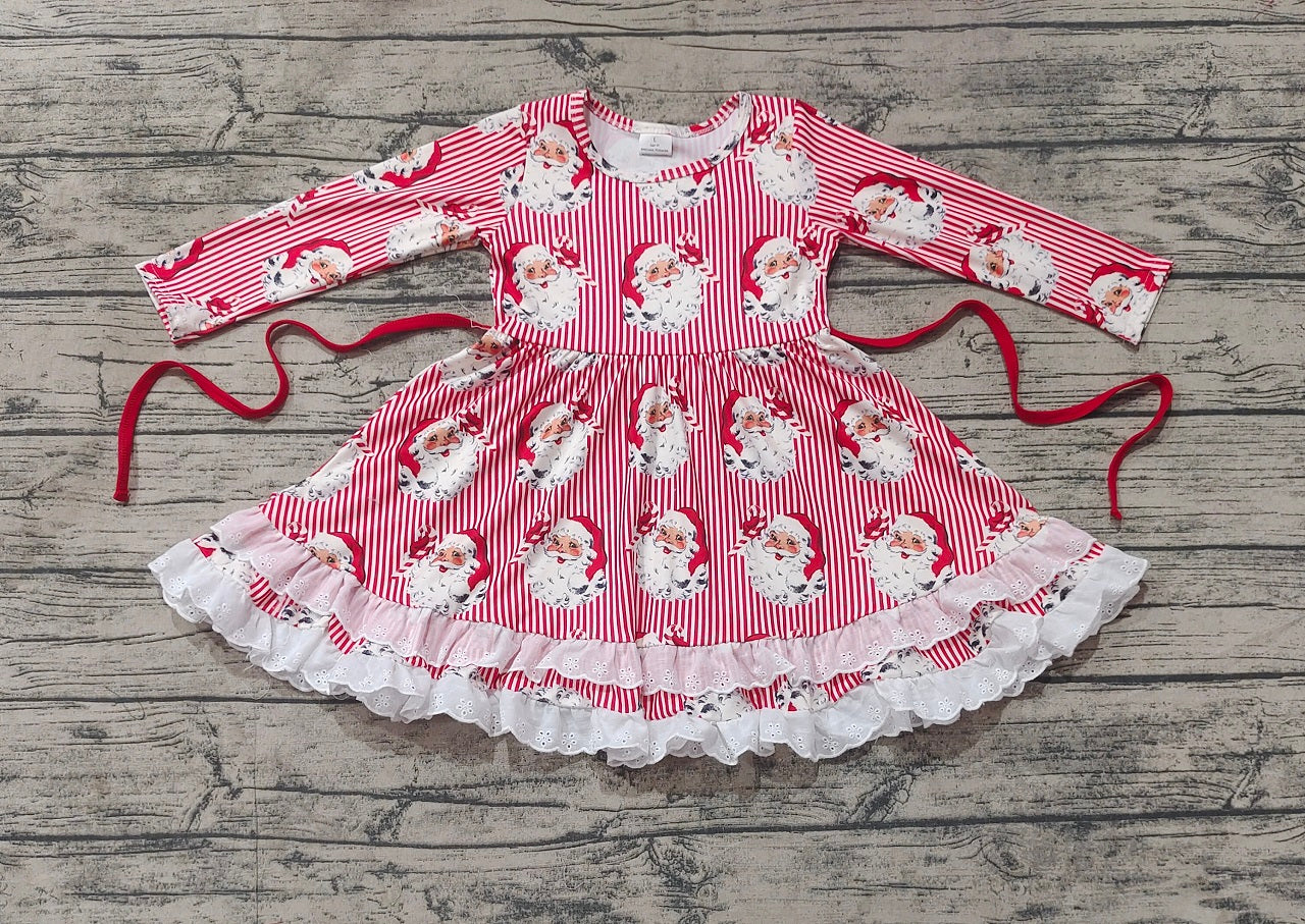 Baby Girl Long Sleeves Christmas Santa Red Stripes Ruffle Dress