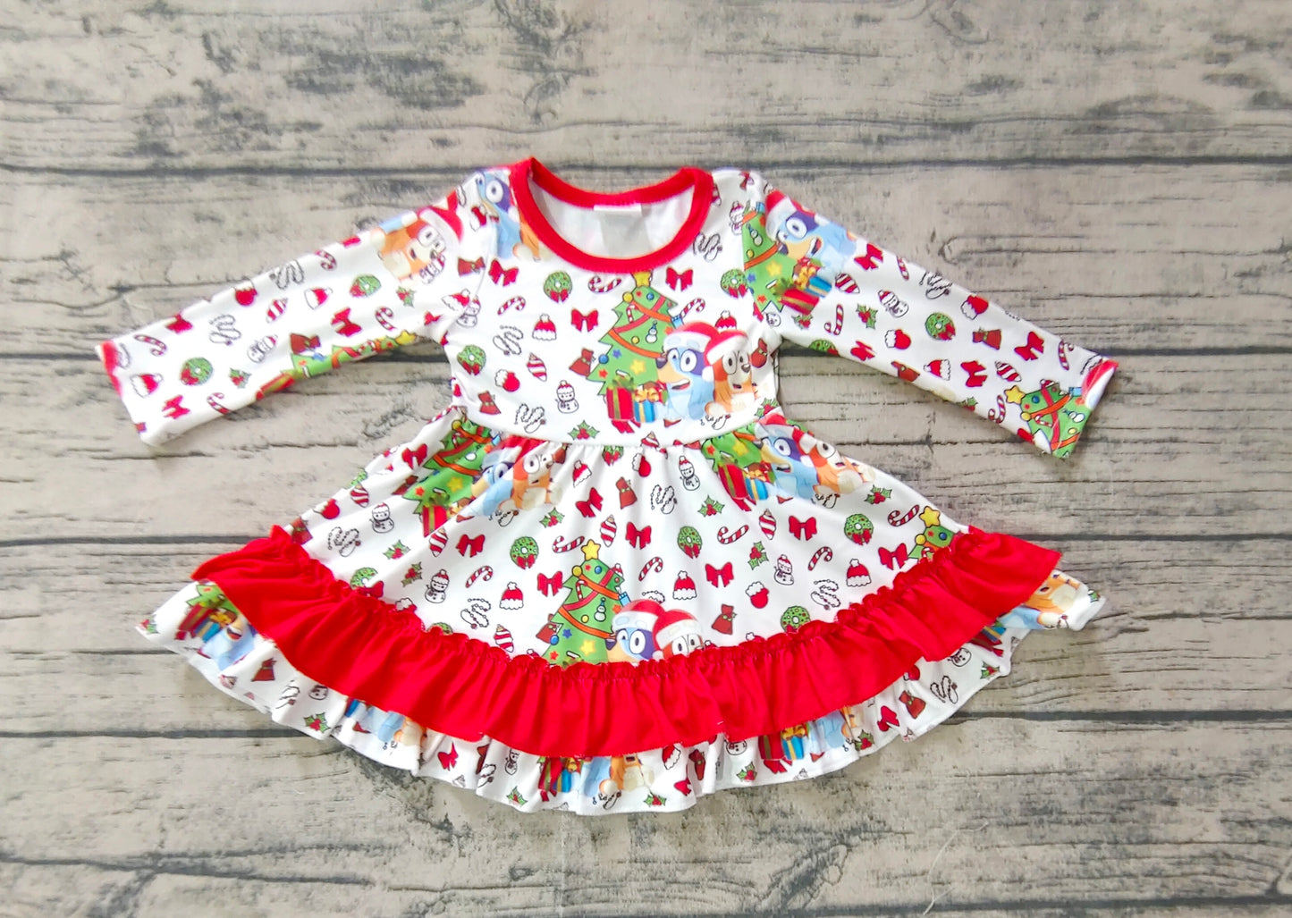 Baby Girl Long Sleeves Christmas Dogs Ruffle Twirl Dress