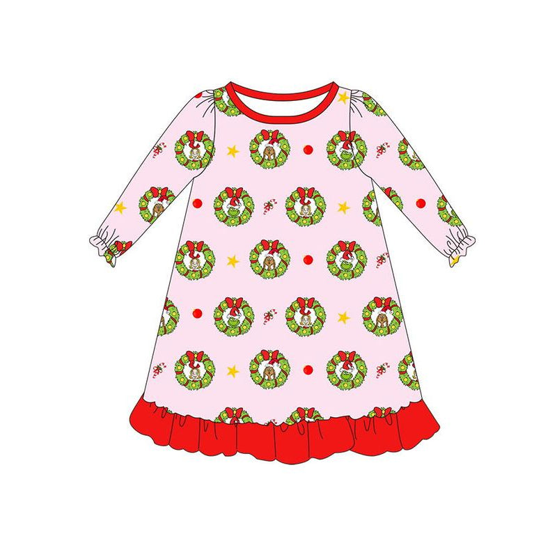 Pre-order Baby Girl Long Sleeves Christmas Face Pink Dress