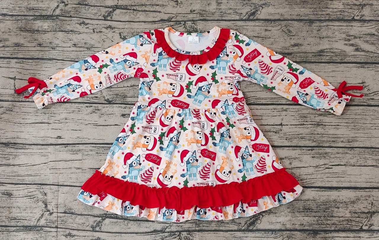 Baby Girl Long Sleeves Christmas Dogs Cake Ruffle Dress