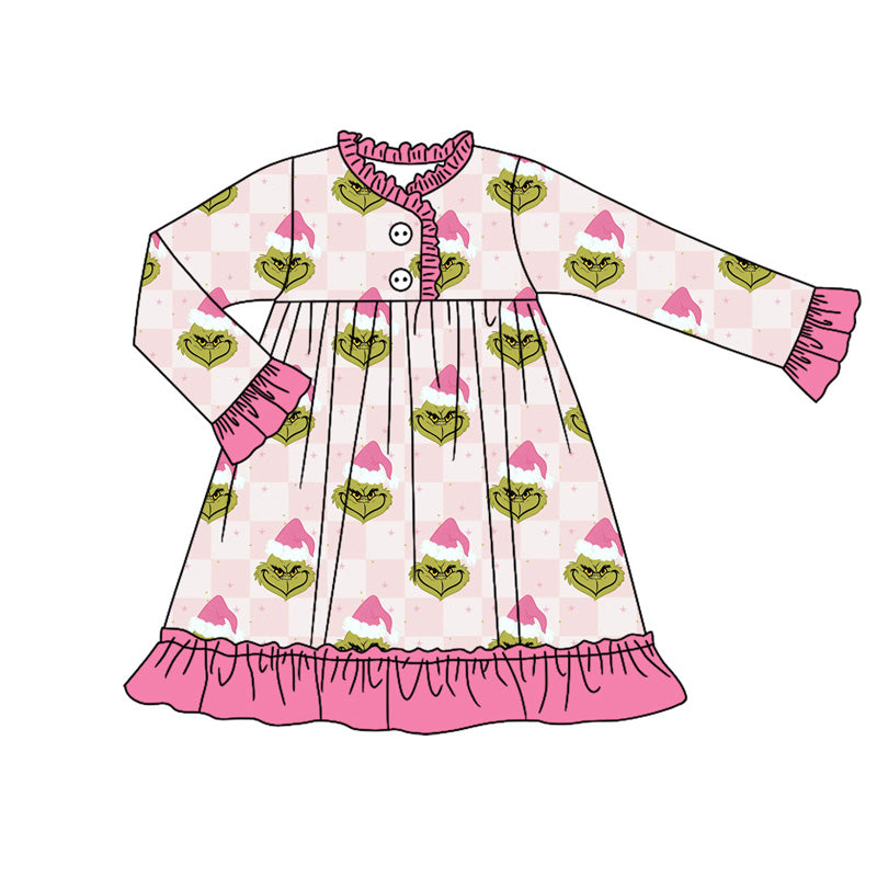 Pre-order Baby Girl Green Frog Pink Ruffle Gown Christmas Dress
