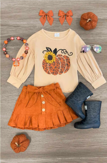 Pre-order Baby Girl Leopard Pumpkin Tops Orange Skirt Clothes Set
