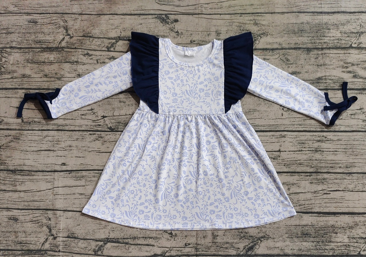 Baby Girl Long Sleeves Blue Flower Ruffle Dress