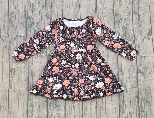 ( No moq ) Preorder Baby Girl Long Sleeves Flower Buttons Ruffle Fall Dress