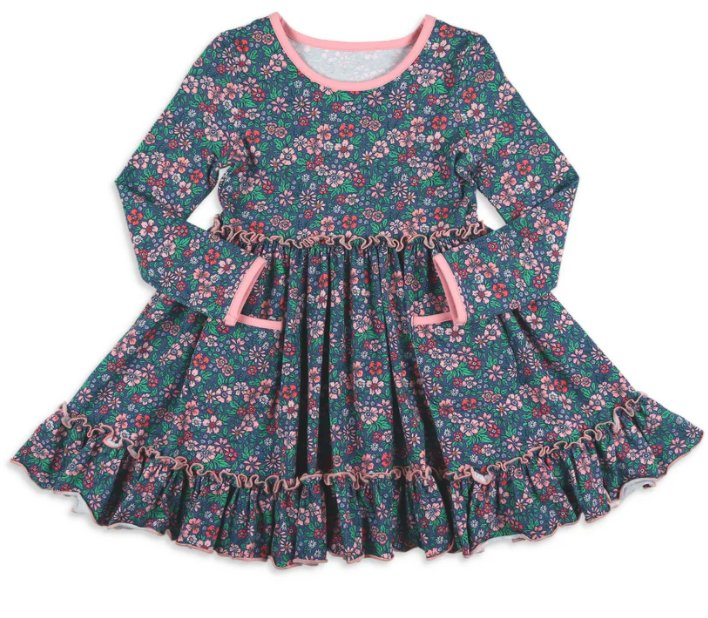 Pre-order Baby Girl Long Sleeves Fall Floral Pocket Ruffle Dress