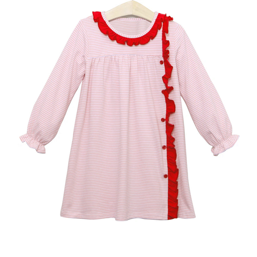 Pre-order Baby Girl Long Sleeves Christmas Stripes Red Ruffle Dress