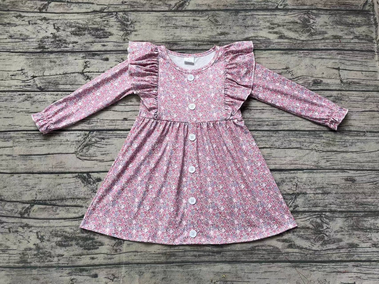 Baby Girl Long Sleeves Floral Buttons Knee Length Purple Dress