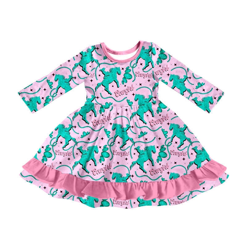 Pre-order Baby Girl Long Sleeves Western Cowgirl Horse Ruffle Dress
