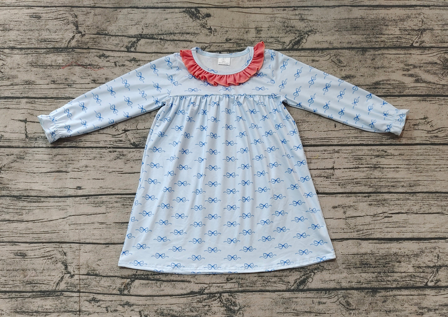 Baby Girl Long Sleeves Bows Knee Length Blue Dress