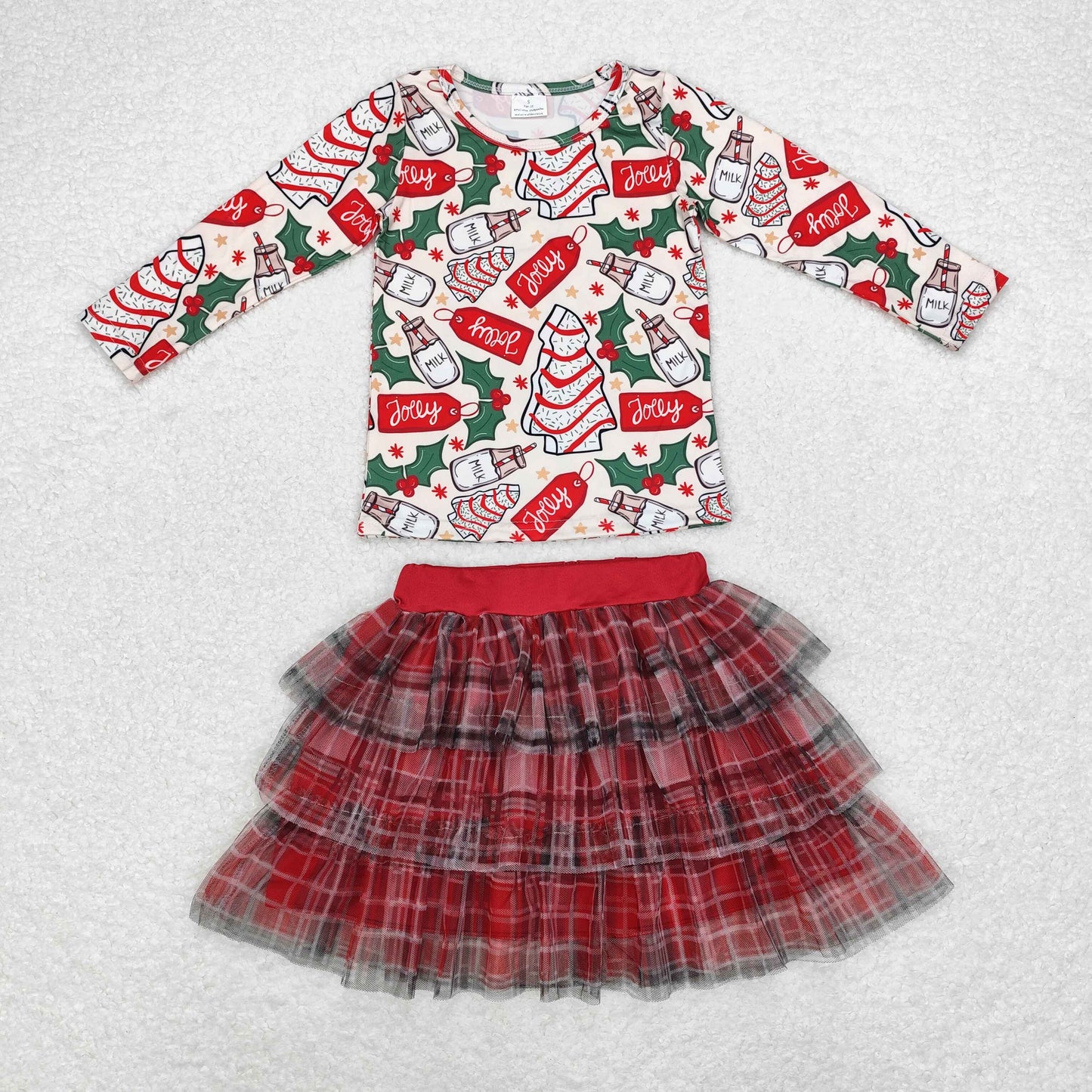 Baby Girl Christmas Cake Tree Shirt Tulle Plaid Skirt Clothes Set