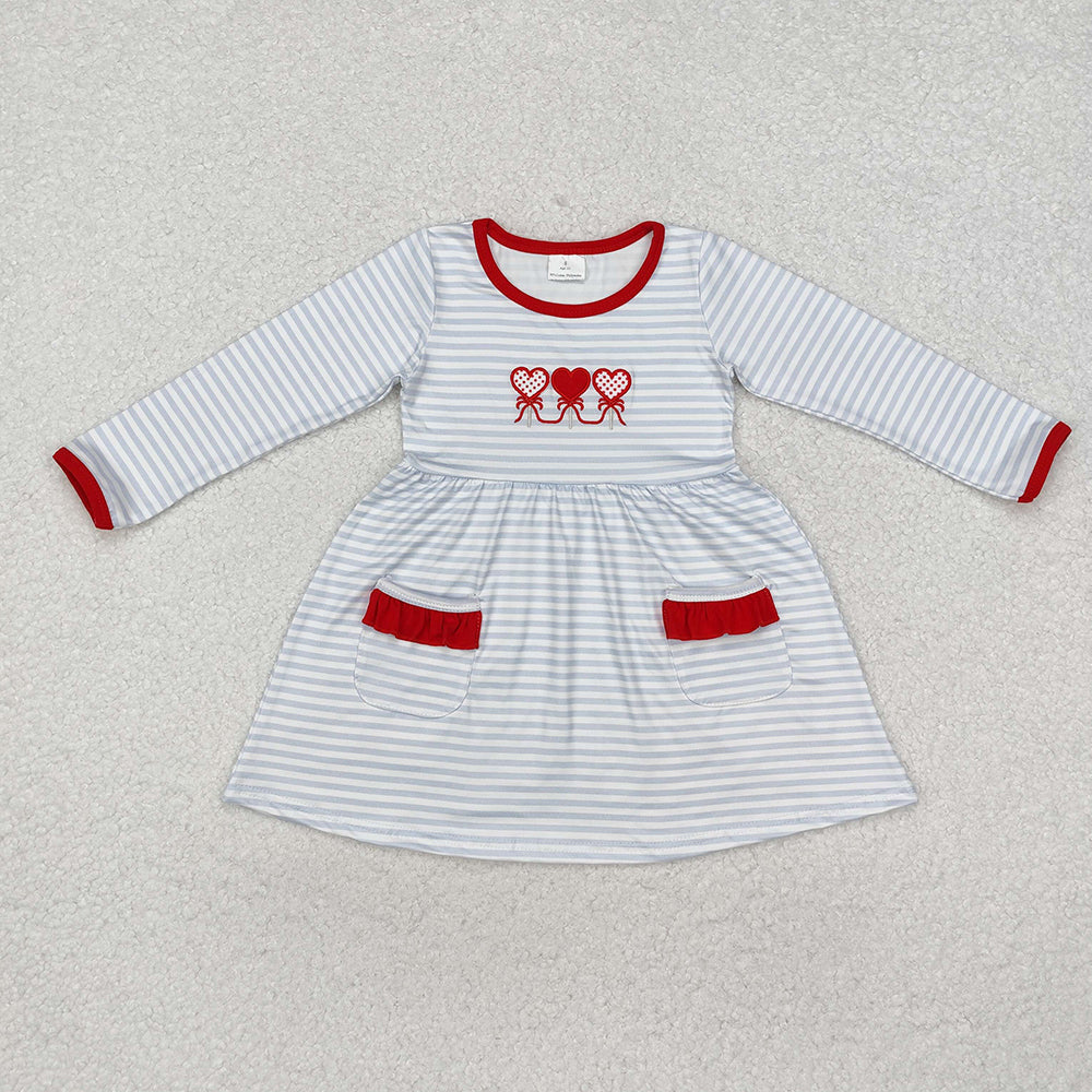 Baby Boy Girl Long Sleeves Embroidery Hearts Valentines Stripes Sibling Romper Dress Clothes Set