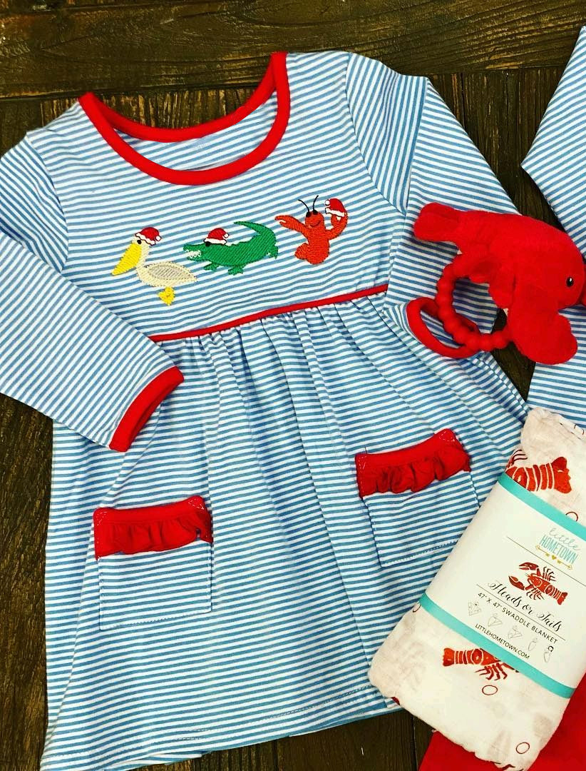 Pre-order Baby Girl Kids Christmas Animals Pocket Stripes Dress