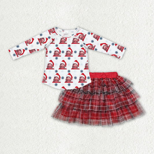 Baby Girl Long Sleeves Singer Shirt Tulle Plaid Skirt Girls Christmas Clothes Set