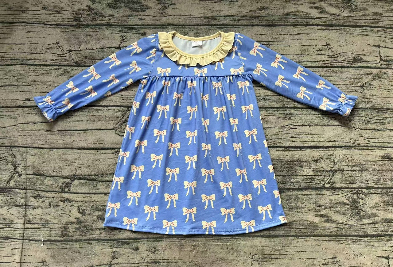 Baby Girl Long Sleeves Bows Ruffle Long Sleeves Blue Dress