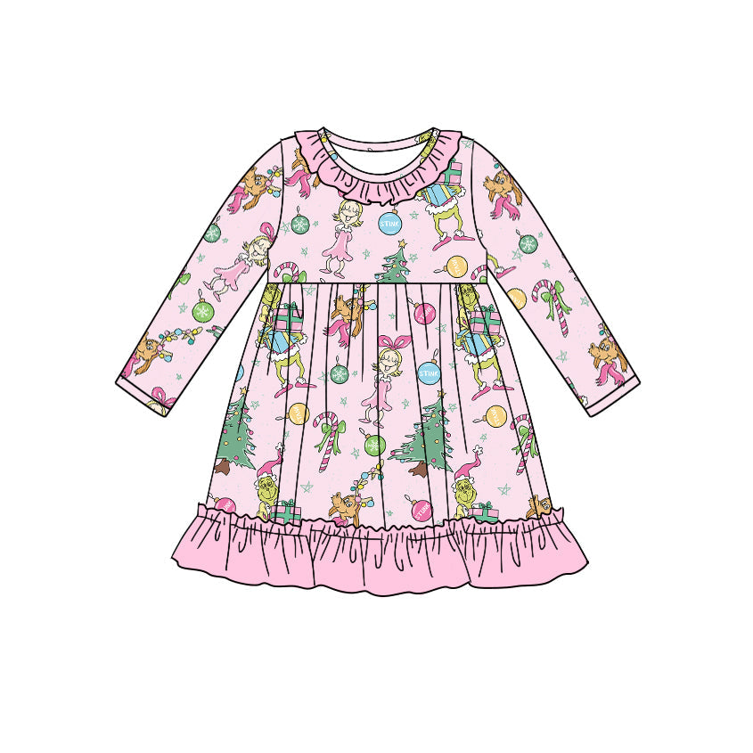Pre-order Baby Girl Kids Christmas Frog Long Sleeves Pink Dress
