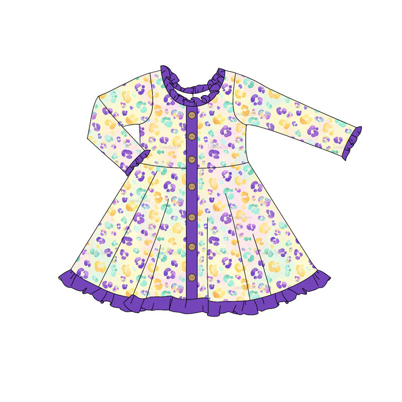 Pre-order Baby Girl Long Sleeves Leopard Buttons Knee Length Dress