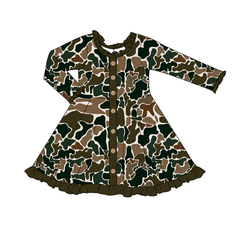 Pre-order Baby Girl Dark Brown Camo Buttons Knee Length Dress