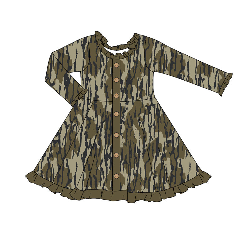 Pre-order Baby Girl Long Sleeves Camo Ruffle Buttons Dress