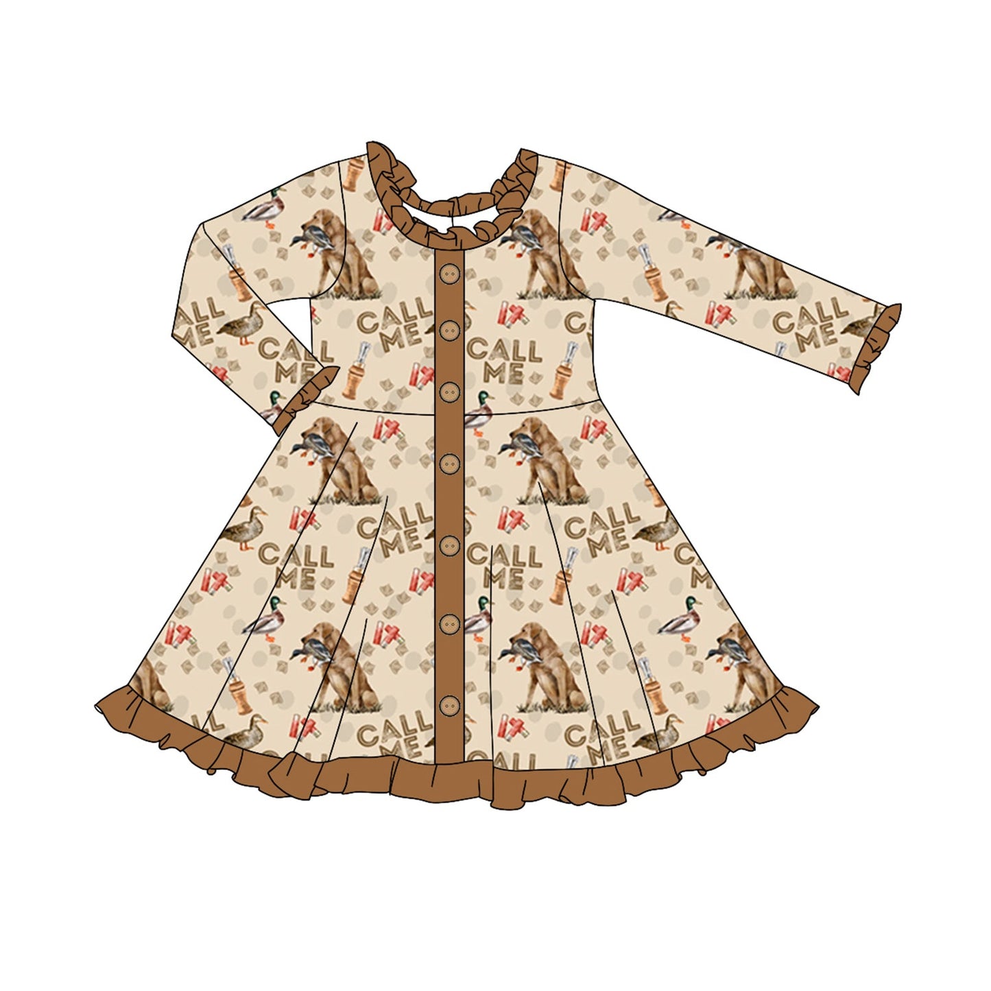 Pre-order Baby Girl Long Sleeves Duck Dog Hunting Buttons Dresses