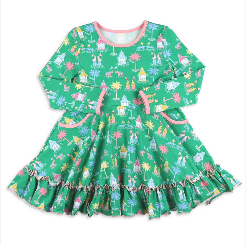 Pre-order Baby Girl Long Sleeves Pocket Green Knee Length Dress