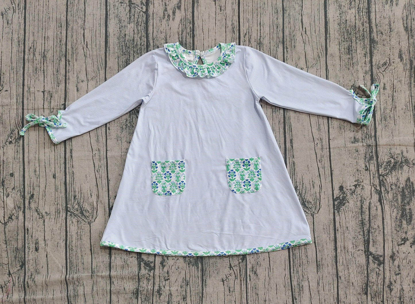 ( No moq ) Preorder Baby Girl Flower Pocket Blue Stripes Knee Length Dress