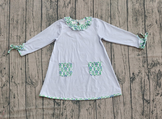 ( No moq ) Preorder Baby Girl Flower Pocket Blue Stripes Knee Length Dress