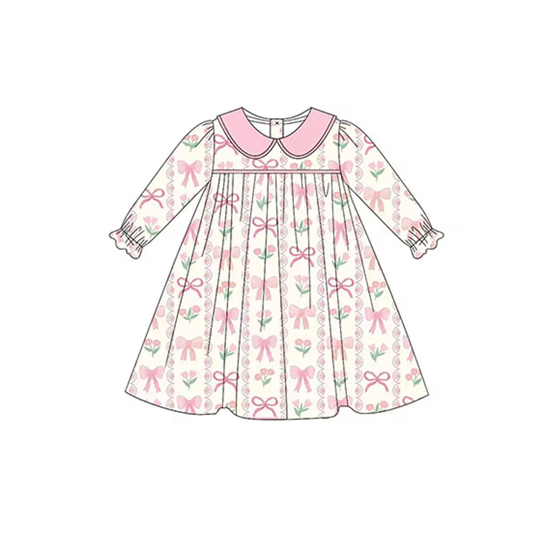 Pre-order Baby Girl Long Sleeves Flower Bows Knee Length Dress