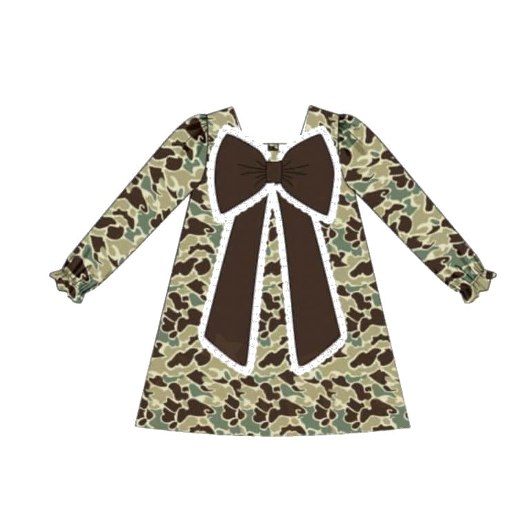 Pre-order Baby Girl Green Camo Bow Knee Length Dress