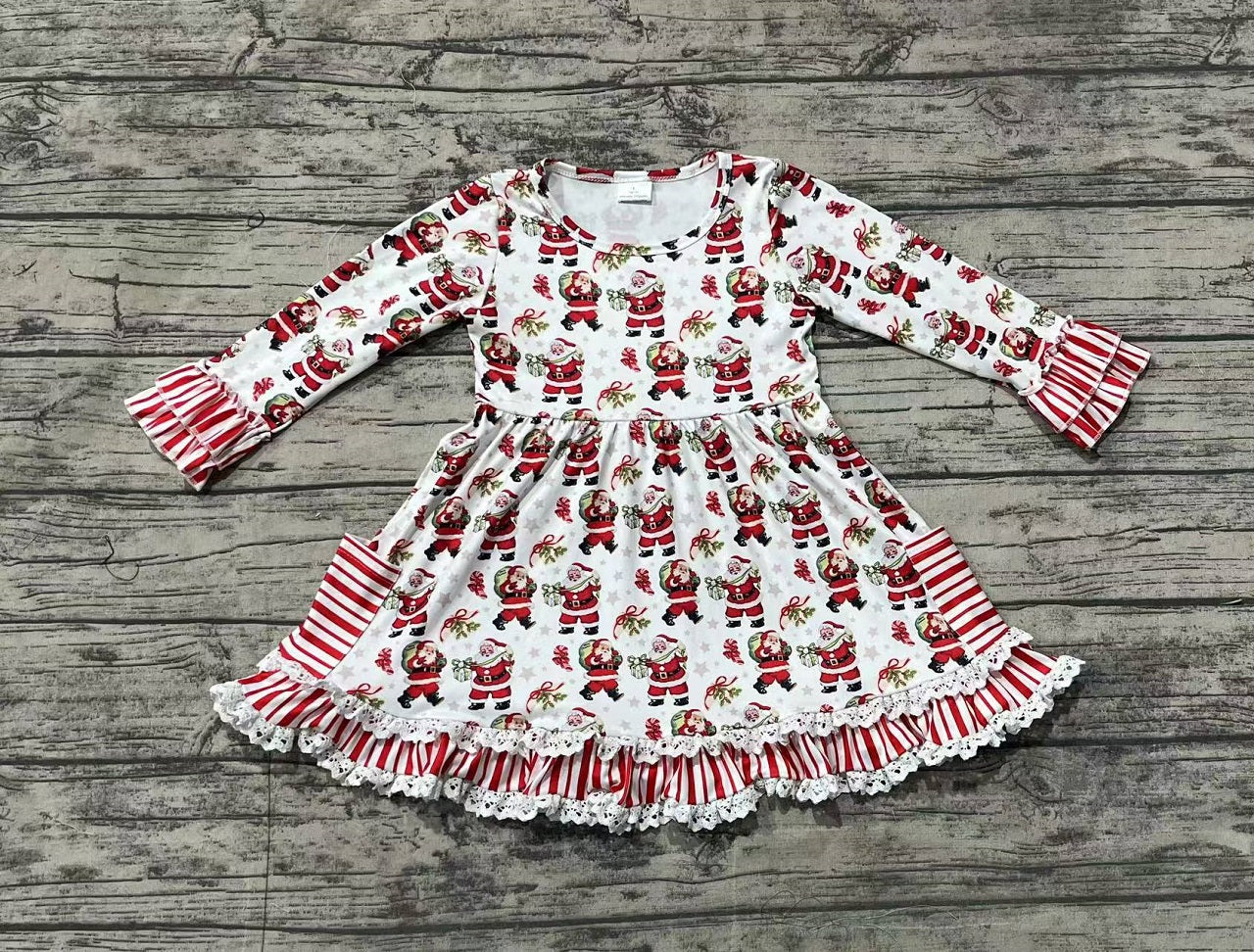 Pre-order Baby Girl Long Sleeves Christmas Santa Ruffle Knee Length Dress
