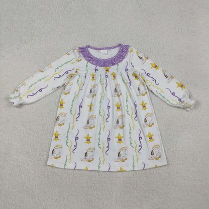 Sibling Baby Girls Kids Long Sleeves Mardi Gras Bows Anchors Ruffle Romper Dress RTS