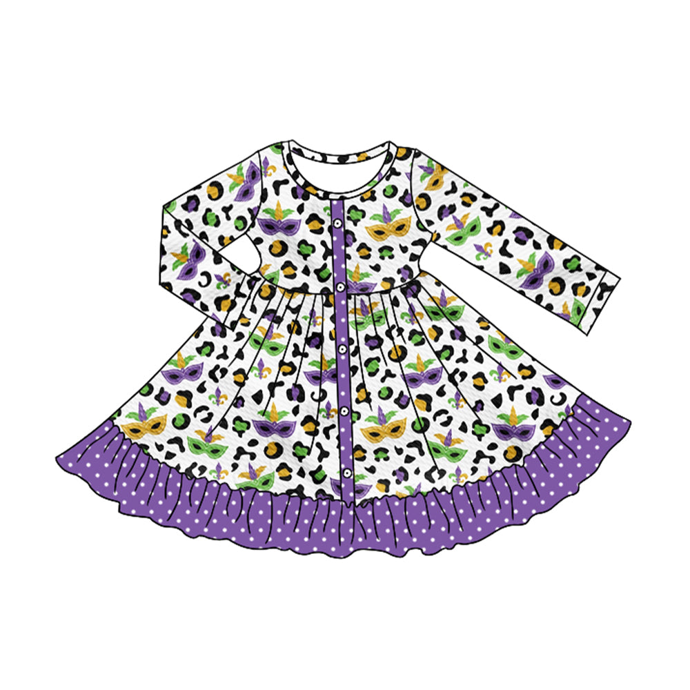 Pre-order Baby Girl Mardi Gras Leopard Ruffle Knee Length Dress