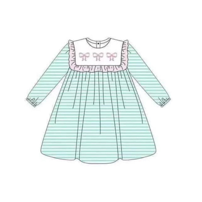 Pre-order Baby Girl Green Stripes Bows Ruffle Knee Length Dress