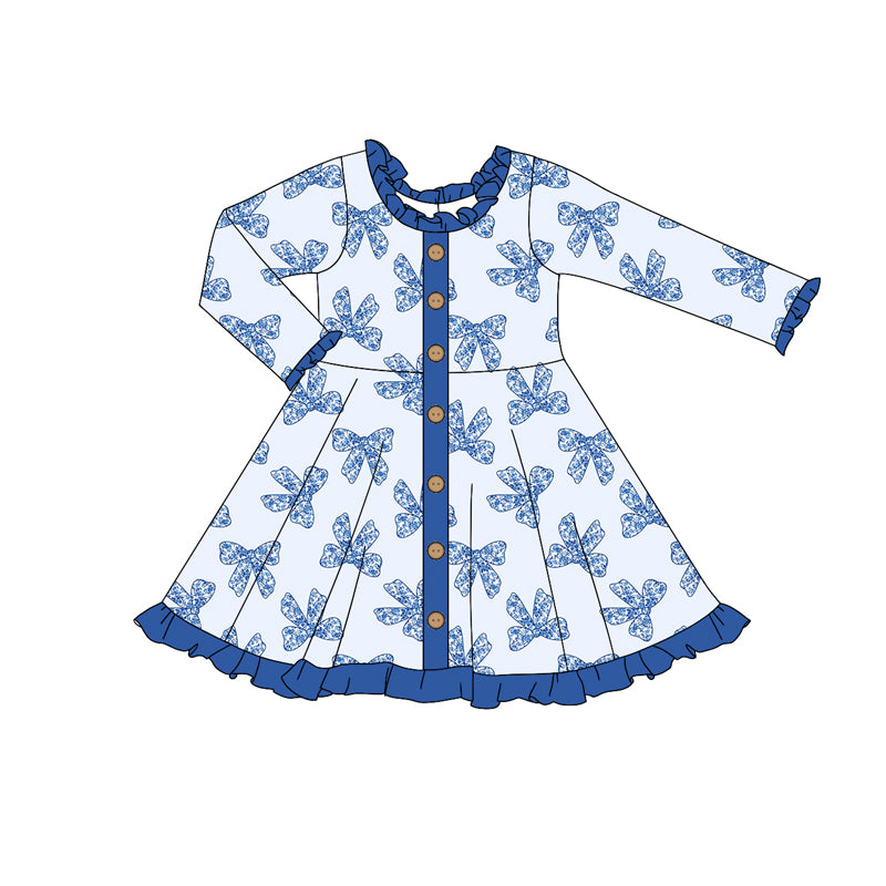 Pre-order Baby Girl Long Sleeves Blue Bow Knee Length Dress