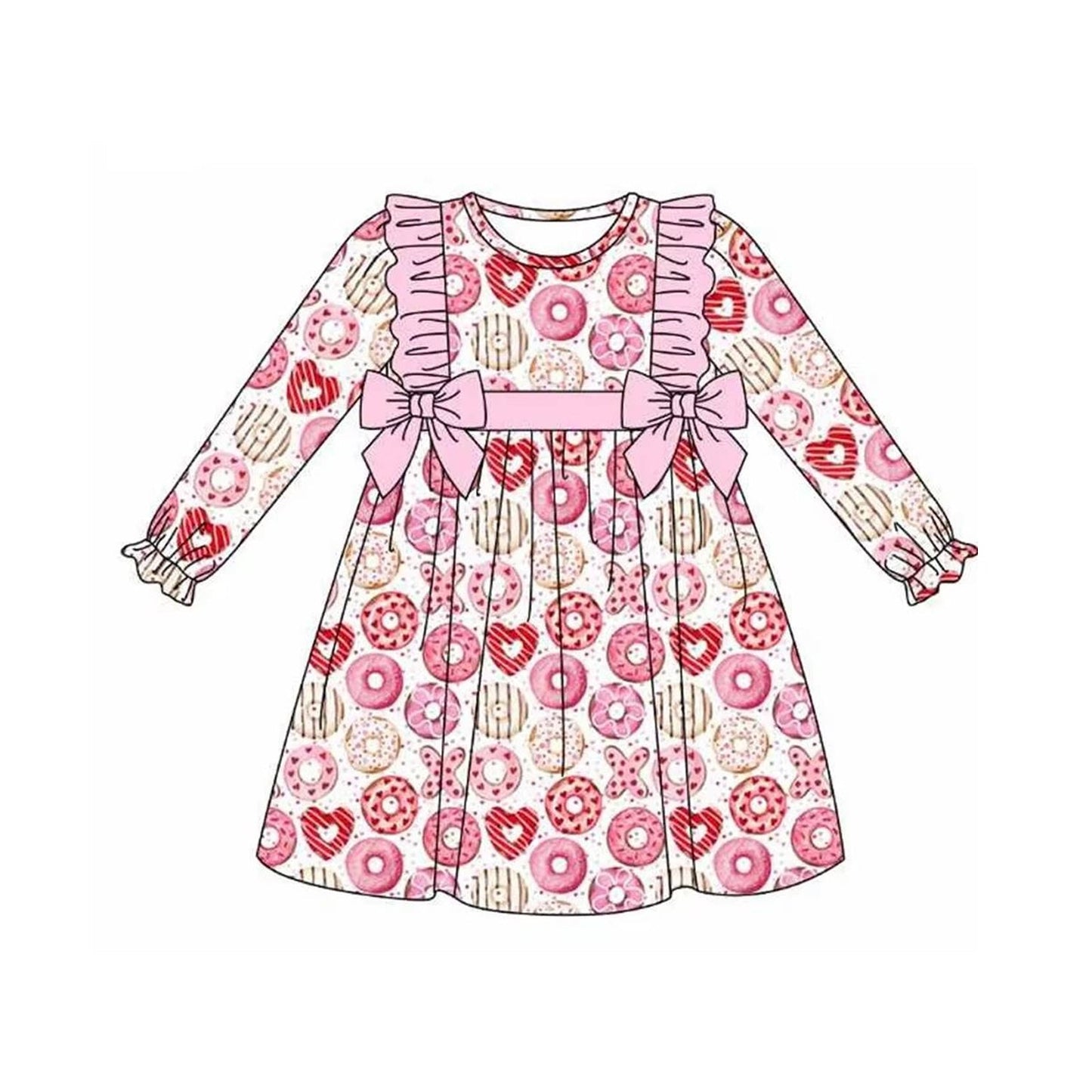 Pre-order Baby Girl Long Sleeves Donuts Valentines Knee Length Pink Dress