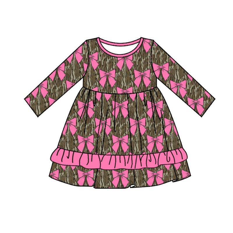 Pre-order Baby Girl Long Sleeves Camo Bows Ruffle Knee Length Dress