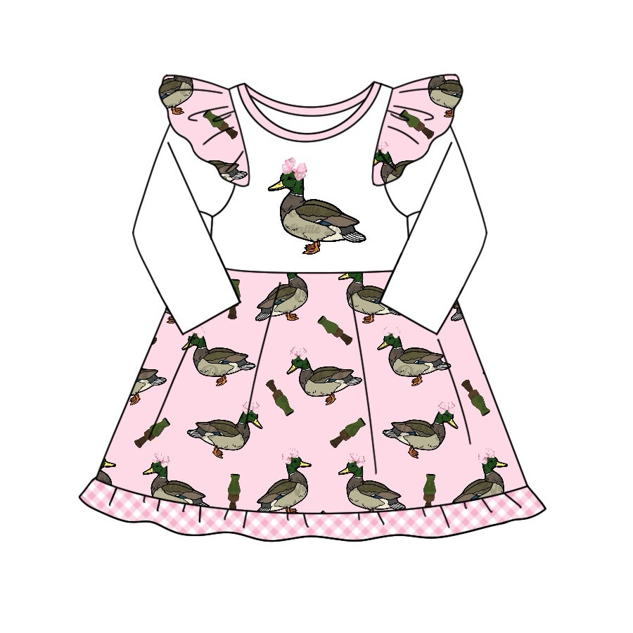 Pre-order Baby Girl Long Sleeves Duck Bow Knee Length Pink Dress