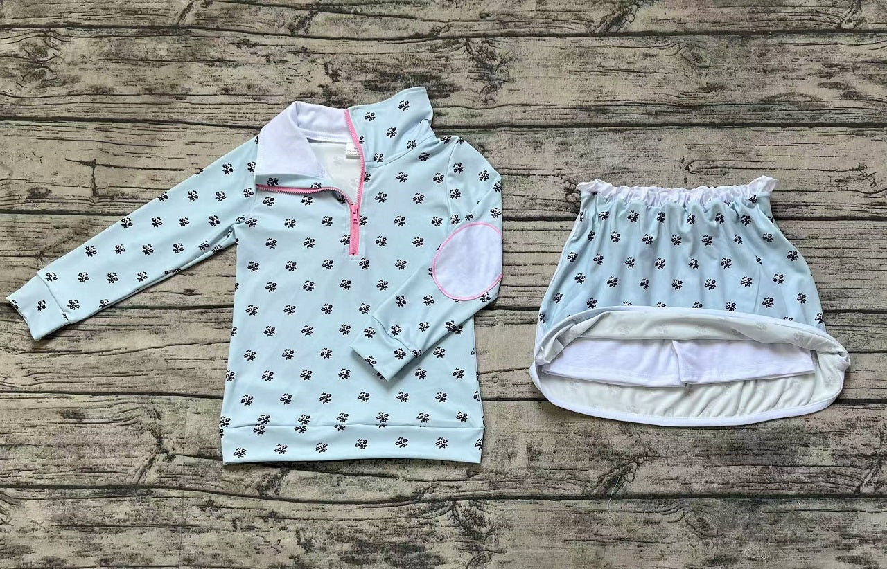 Pre-order Baby Girl Long Sleeves Floral Zipper Shirt Shorts Skirt Blue Set