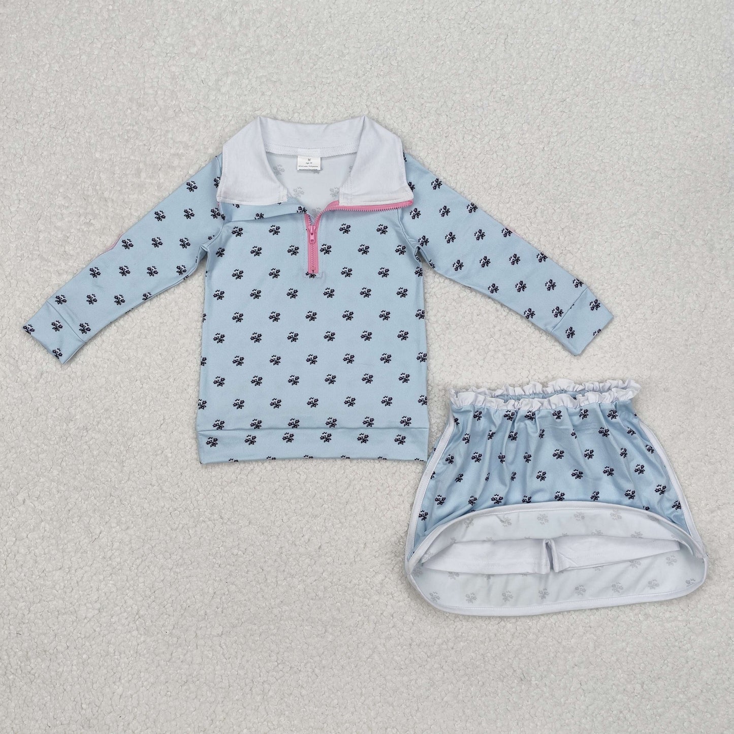 Baby Girl Long Sleeves Flower Bows Zip Shirt Skort Sibling Set RTS