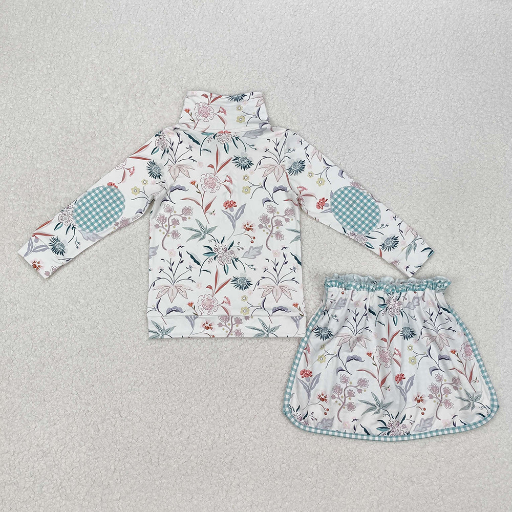 Baby Girl Long Sleeves Flower Zipper Shirt Skort Short Skirt Sibling Clothes Set