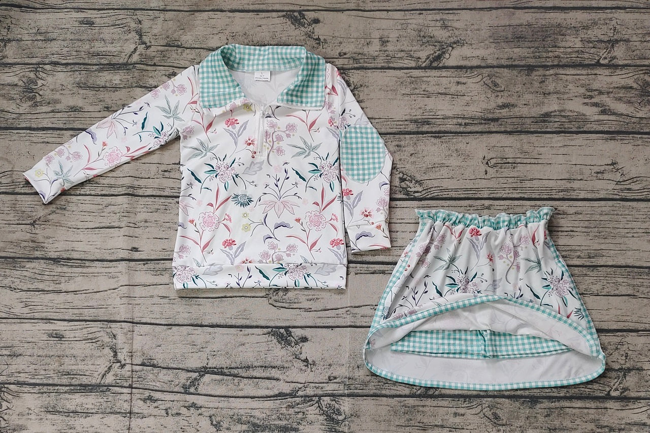 Baby Girl Long Sleeves Flower Pullover Shirt Skort Skirt Shorts Clothes Set