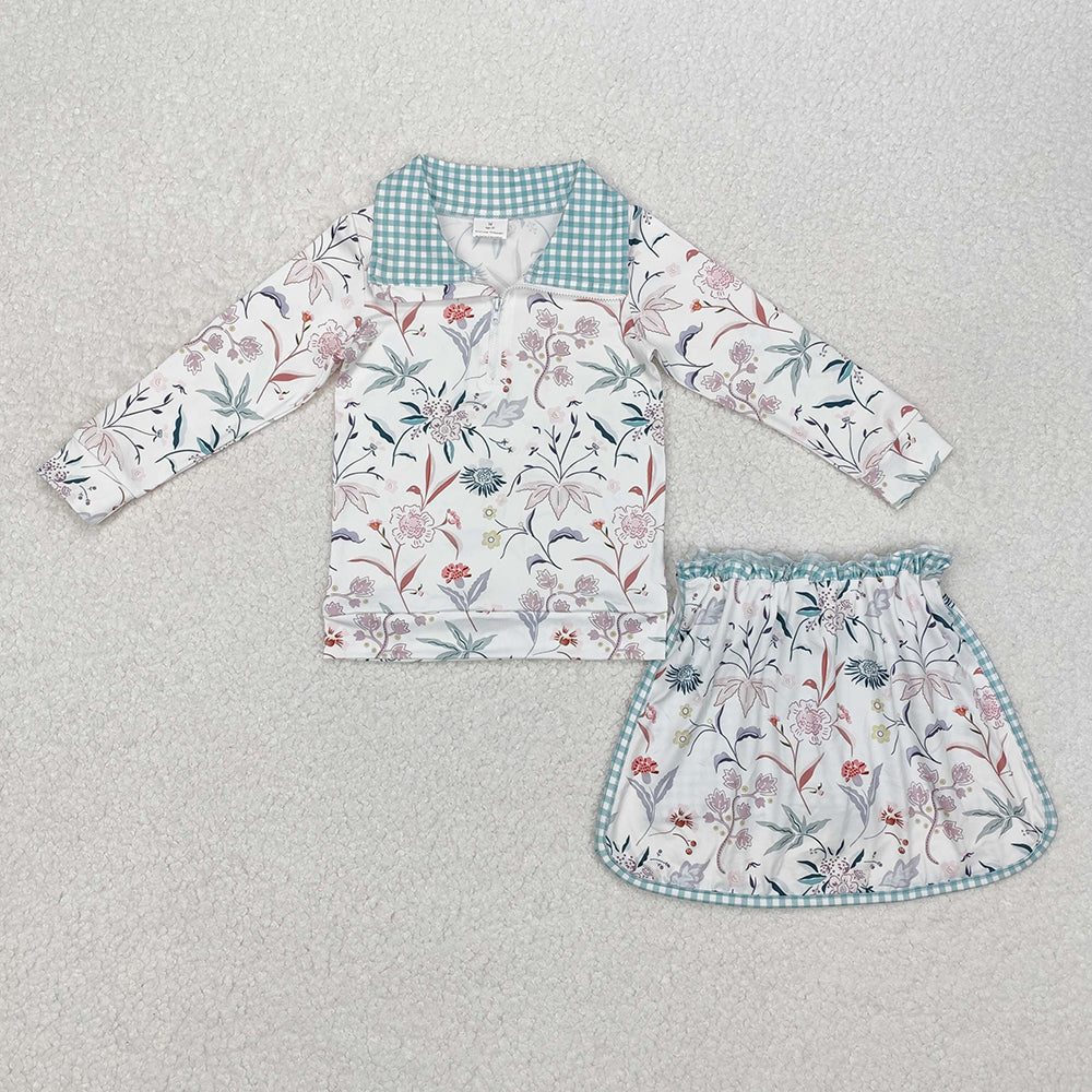 Baby Girl Long Sleeves Flower Zipper Shirt Skort Short Skirt Sibling Clothes Set