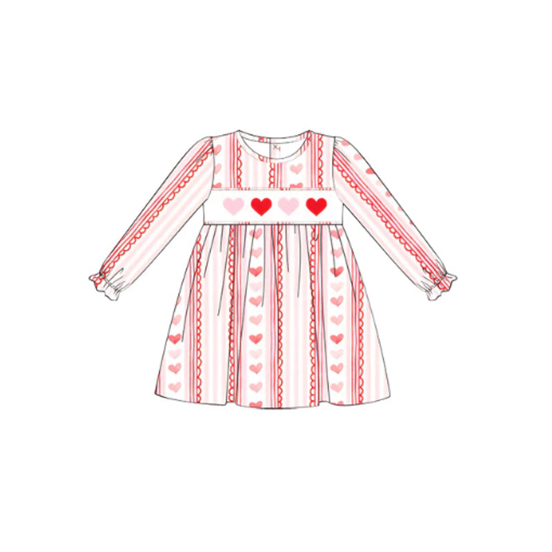 Preorder Baby Girl Long Sleeves Valentines Hearts Stripes Knee Length Dress
