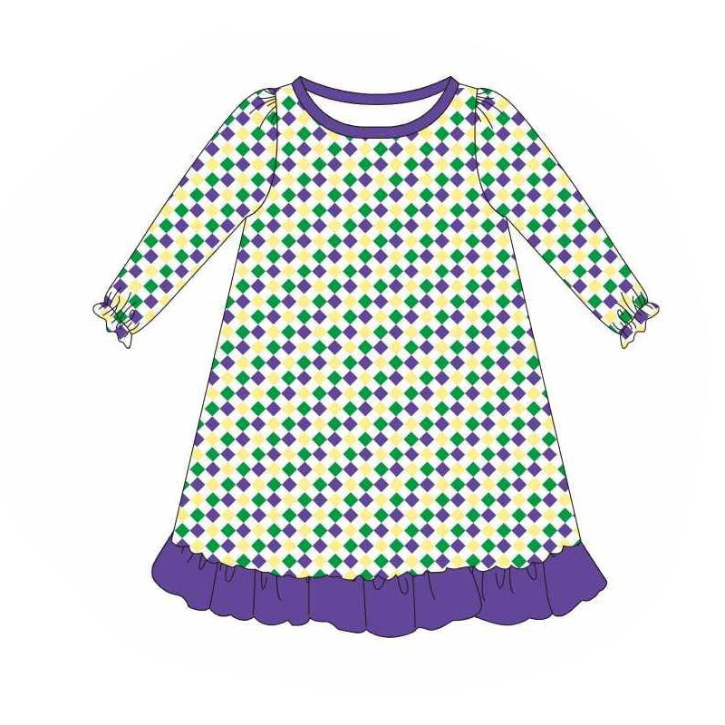 Preorder Baby Girl Long Sleeves Mardi Gras Plaid Ruffle Knee Length Dress