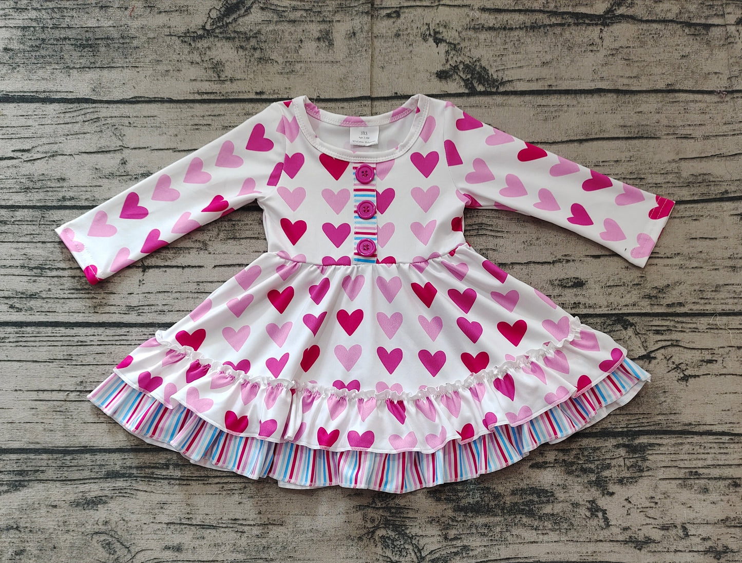 Baby Girl Long Sleeves Valentines Hearts Knee Length Pink Dress