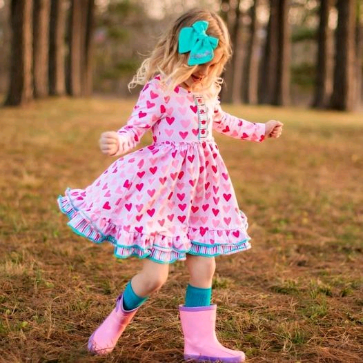 Preorder Baby Girl Long Sleeves Valentines Hearts Knee Length Pink Dress