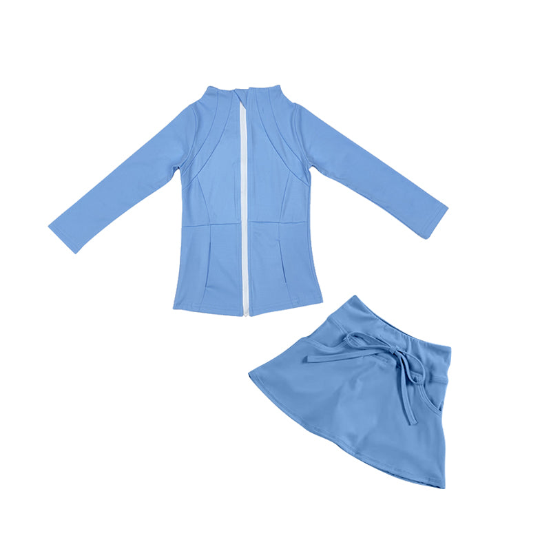 Preorder Baby Girl Long Sleeves Blue Yoga Zipper Shirt Skorts Shorts Skirt Active Wear Set